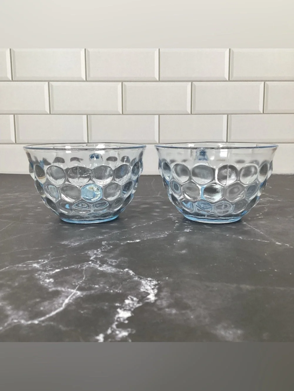 4 Vtg Anchor Hocking Blue Bubble Glass Teacups Or Punch Glasses Depression Glass